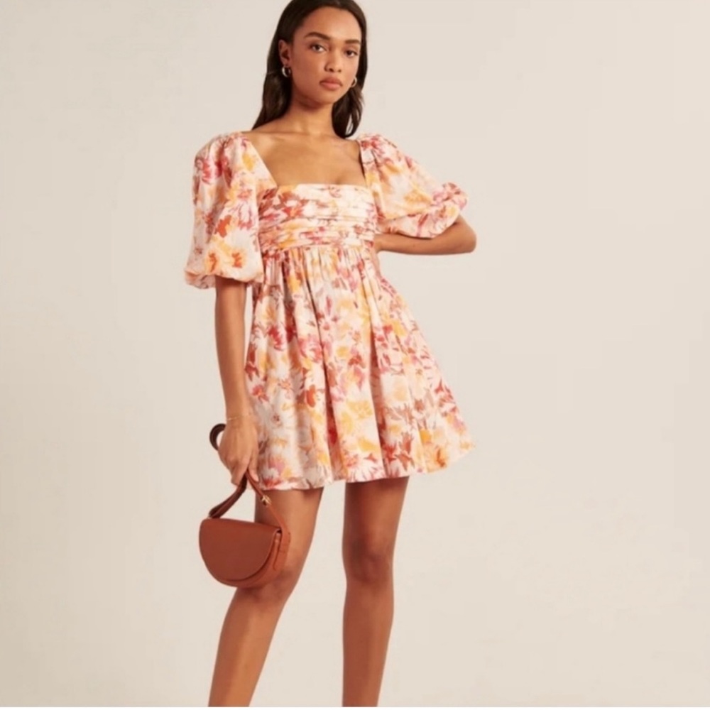 Abercrombie & Fitch Pink Orange Floral Ruched Bodice Puff Sleeve Mini Dress